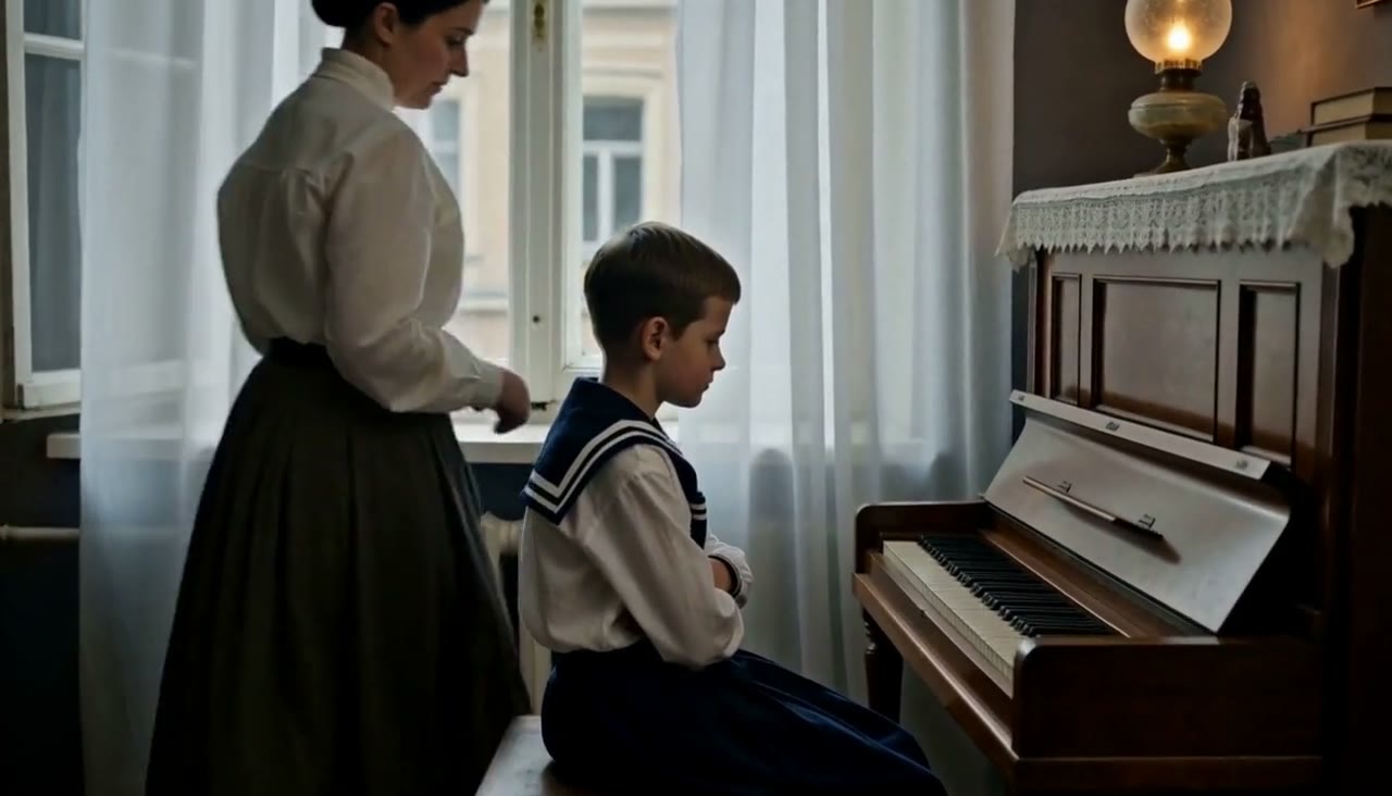 Мама сажает Митю за рояль, лето 1915